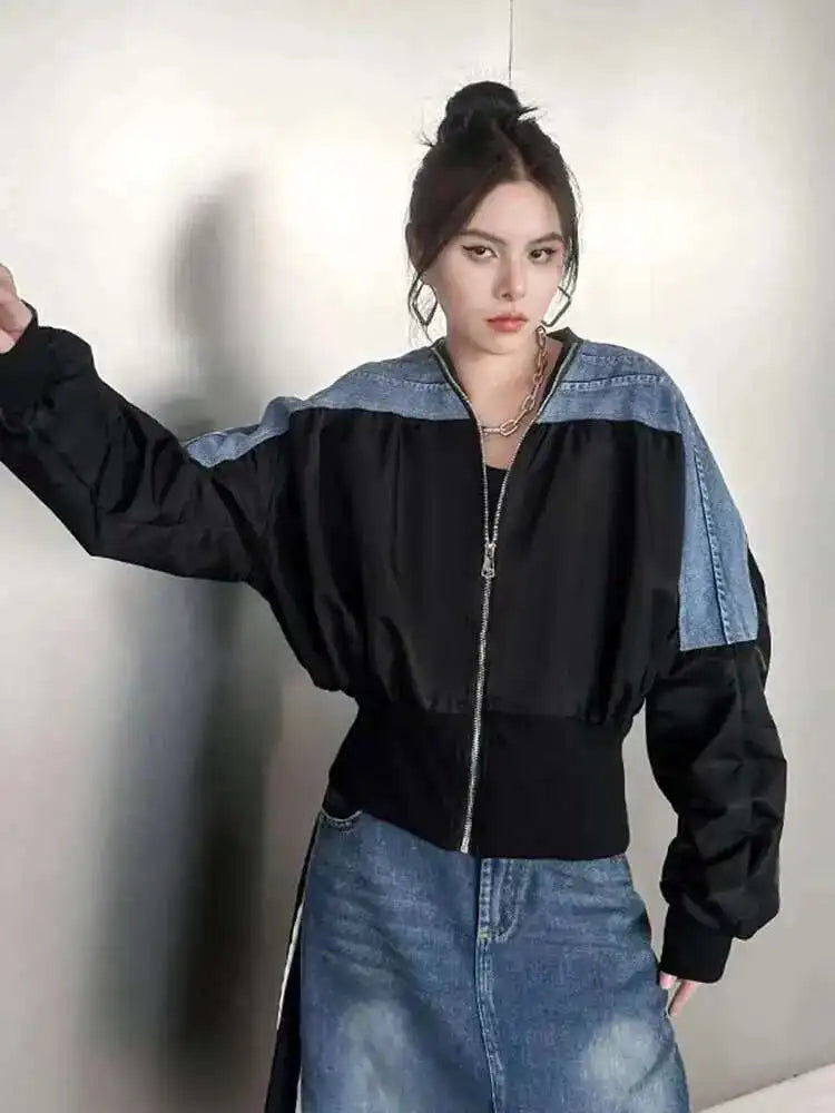 Black Denim Color-block Big Size Casual Jacket New V-neck Long Sleeve Women Coat Fashion Tide Spring Autumn 2025 1DH1842