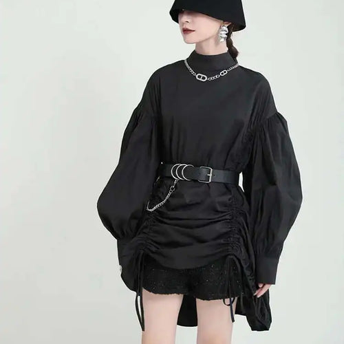 Load image into Gallery viewer, Women Balck Irregular Drawstring Big Size Dress New Stand Collar Long Sleeve Loose Fit Fashion Spring Autumn 2025 1Z18901
