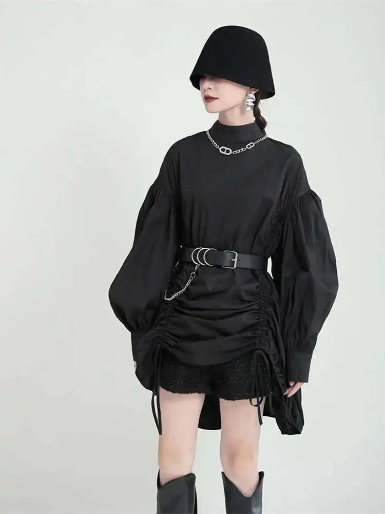 Women Balck Irregular Drawstring Big Size Dress New Stand Collar Long Sleeve Loose Fit Fashion Spring Autumn 2025 1Z18901