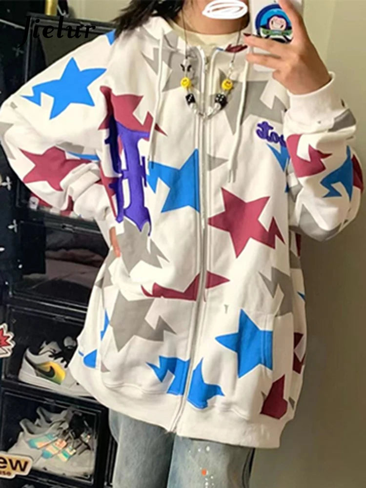 White Star Printing Spell Color Hoodies Winter Fashion Zip-up Casual Streetwear Drawstring Pockets Simple Women's Hoodie