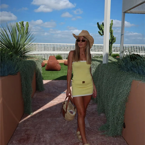 Load image into Gallery viewer, Off-shoulder Strapless Sexy Knit Dress Women Robe Contrast Color Sleeveless Backless Bodycon Beach Mini Dress Knitwear
