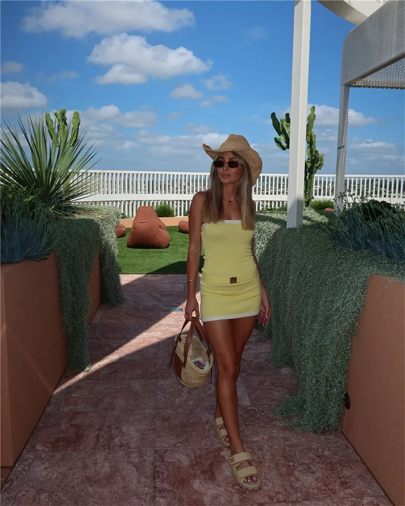 Off-shoulder Strapless Sexy Knit Dress Women Robe Contrast Color Sleeveless Backless Bodycon Beach Mini Dress Knitwear