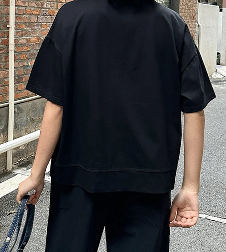 Women Black Pocket Spliced Big Size Casual T-shirt New Round Neck Short Sleeve Fashion Tide Spring Summer 2025 1DJ0898