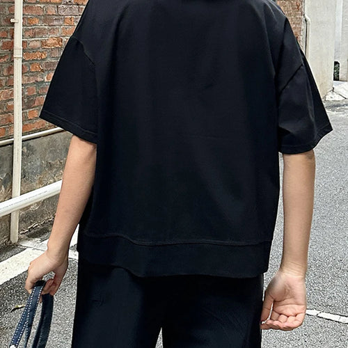 Load image into Gallery viewer, Women Black Pocket Spliced Big Size Casual T-shirt New Round Neck Short Sleeve Fashion Tide Spring Summer 2025 1DJ0898
