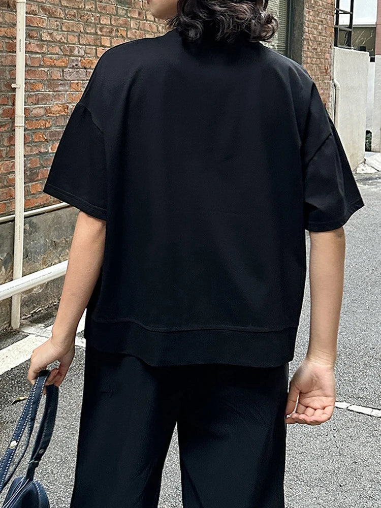 Women Black Pocket Spliced Big Size Casual T-shirt New Round Neck Short Sleeve Fashion Tide Spring Summer 2025 1DJ0898