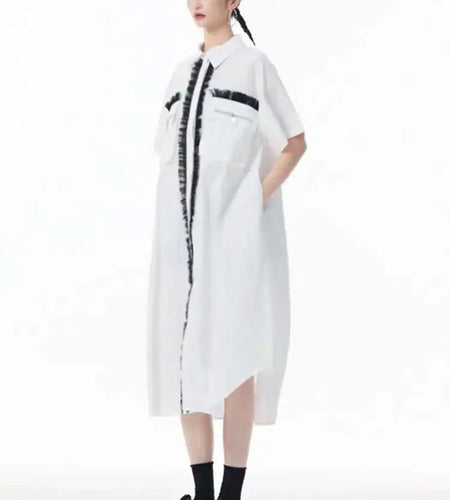 Women White Mesh Color-block Big Size Midi Shirt Dress New Lapel Short Sleeve Fashion Tide Spring Summer 2025 1DJ0003