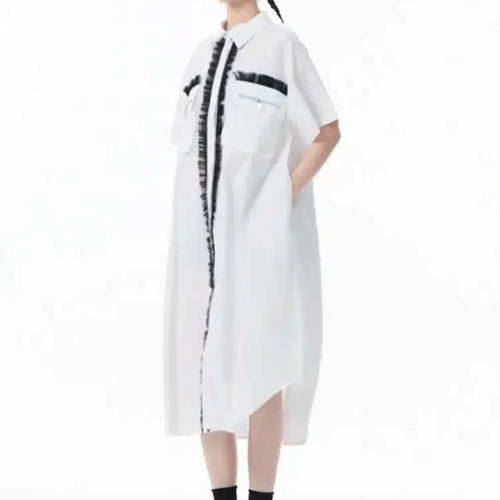 Load image into Gallery viewer, Women White Mesh Color-block Big Size Midi Shirt Dress New Lapel Short Sleeve Fashion Tide Spring Summer 2025 1DJ0003
