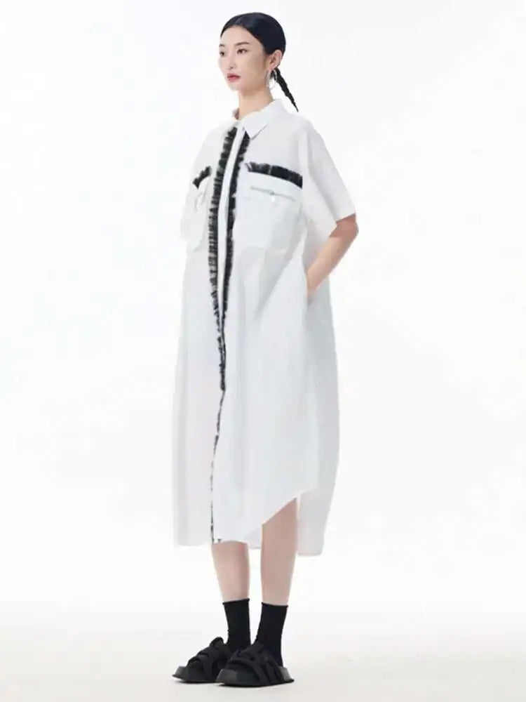 Women White Mesh Color-block Big Size Midi Shirt Dress New Lapel Short Sleeve Fashion Tide Spring Summer 2025 1DJ0003