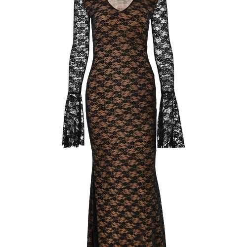 Load image into Gallery viewer, Sexy Lace Patchwork Tight Elastic Dress For Women Deep V Flared Long Sleeves Maxi Vestidos Elegant Party Clubwear 2024
