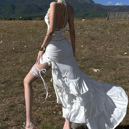 Load image into Gallery viewer, Sexy Halter Neck Backless Ruffle Edge Irregular Long Dress For Women Summer Party Evening Dress Bodycon Elegant Vestido
