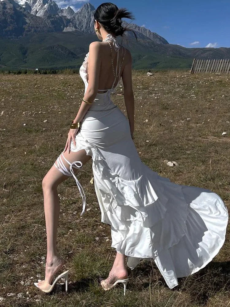 Sexy Halter Neck Backless Ruffle Edge Irregular Long Dress For Women Summer Party Evening Dress Bodycon Elegant Vestido