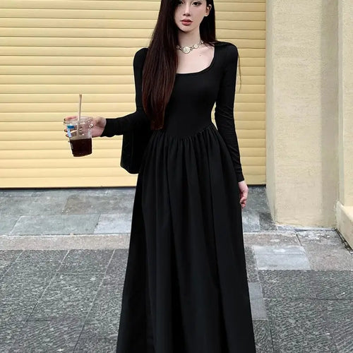 Load image into Gallery viewer, Beige Square Neck Elegant Pleated Dress Women Black Long Sleeve Party Fairy Dress Vintage Autumn 2023 Korean Fashion Popular New
