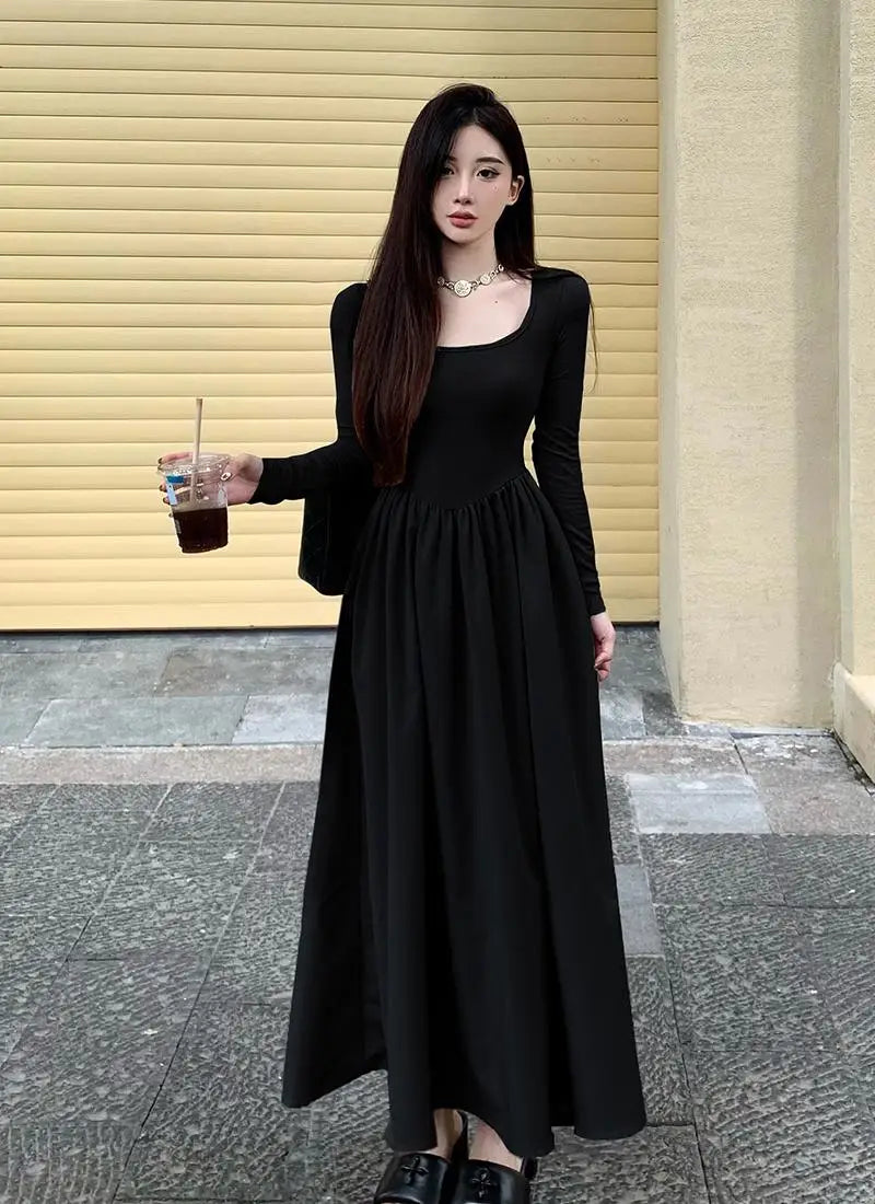 Beige Square Neck Elegant Pleated Dress Women Black Long Sleeve Party Fairy Dress Vintage Autumn 2023 Korean Fashion Popular New