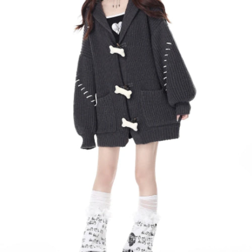 Load image into Gallery viewer, Japanese Oversized Solid Knited Cardigan Y2k Aesthetic Women All Match Pocket Sweater Jackets Hooded Coats Kardigany Jumpers
