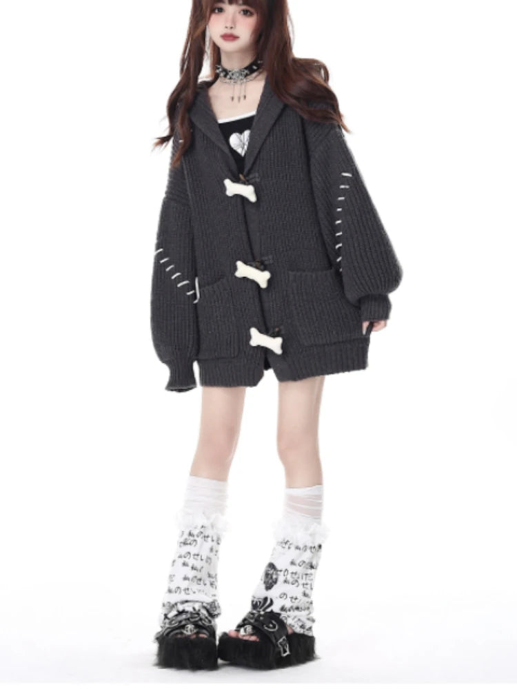 Japanese Oversized Solid Knited Cardigan Y2k Aesthetic Women All Match Pocket Sweater Jackets Hooded Coats Kardigany Jumpers