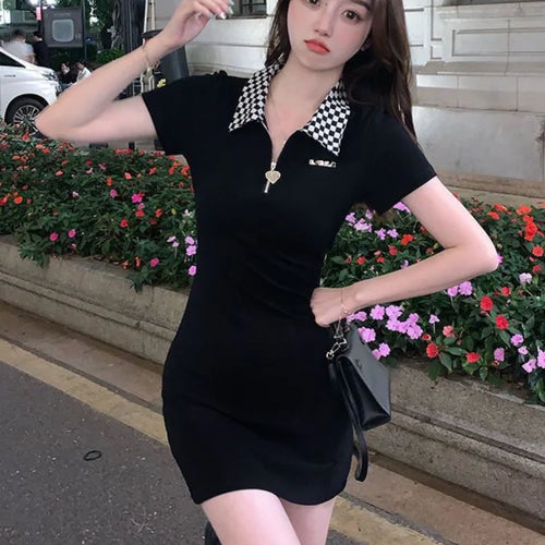 Load image into Gallery viewer, Korean Black Plaid Dress Women Kpop Polo Collar Bodycon Wrap Mini Short Dresses Fashion Sheath Slim Outfits
