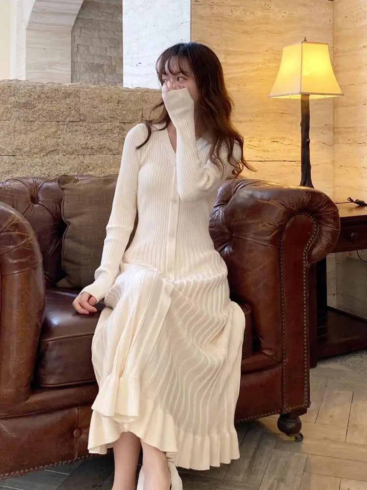 Women Retro White Long Sleeve Dresses Pink V-neck Single Breasted High Waist Ladies Elegant New Black Slim Knitting Dress Korean