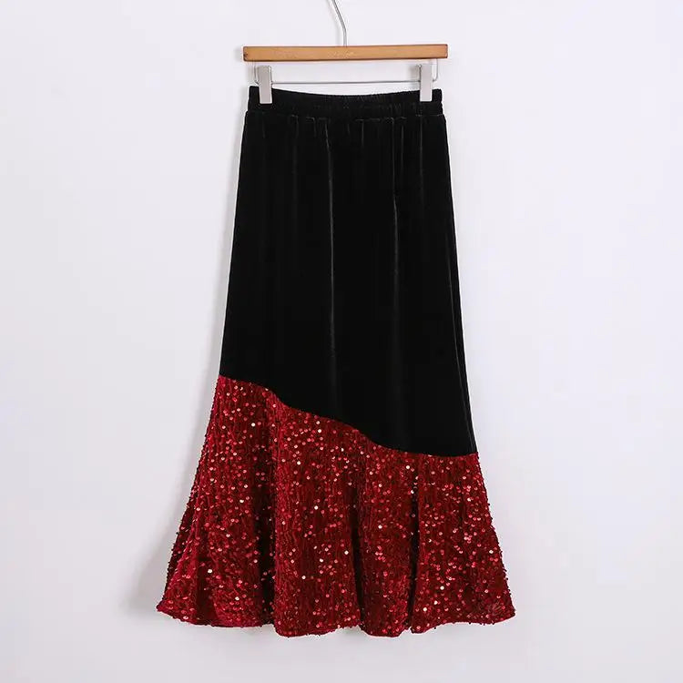 Autumn Winter French Vintage Sequin Patchwork Velvet Fishtail Long Skirts Women's 2024 Elegant High Waist Festival Skirt Street