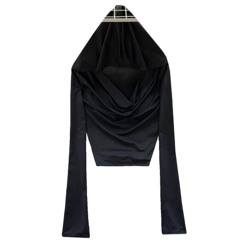 Load image into Gallery viewer, Black Casual Street Style Slim Long Sleeved Ruched Hooded T-shirt Women's Simple Basic Pullover Cropped Tops Fashion Popular New
