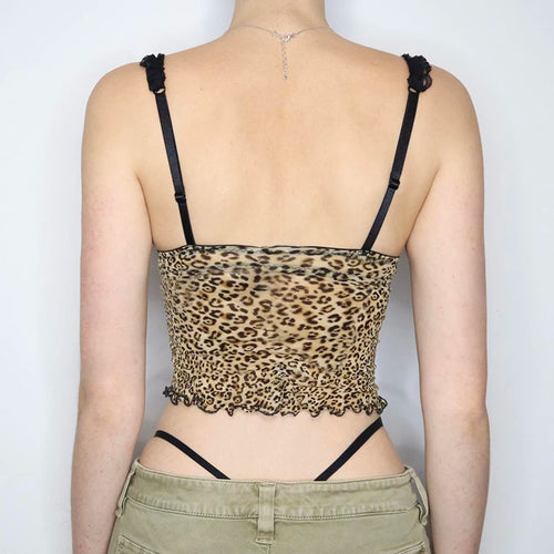 Load image into Gallery viewer, Vintage Y2K Chic Lace Trim Mesh Top Women Mini Bow Leopard Sexy Party Cropped Tops See Through Hottie 2000s Aesthetic
