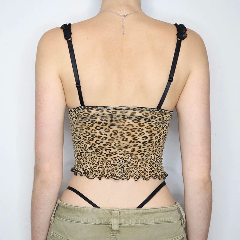 Vintage Y2K Chic Lace Trim Mesh Top Women Mini Bow Leopard Sexy Party Cropped Tops See Through Hottie 2000s Aesthetic
