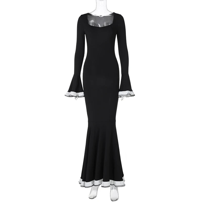 Flare Sleeve Sexy Bodycon Elegant Long Sleeve Maxi Dress Women High Waist Square Collar Evening Dress Female Clothes