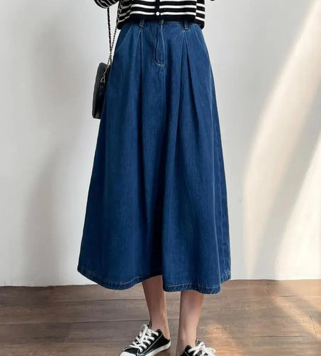 Vintage Blue High Waist Women's Elegant Slim Party Denim A-line Long Skirts Spring Summer Pleated Umbrella Skirt Female 2024 New