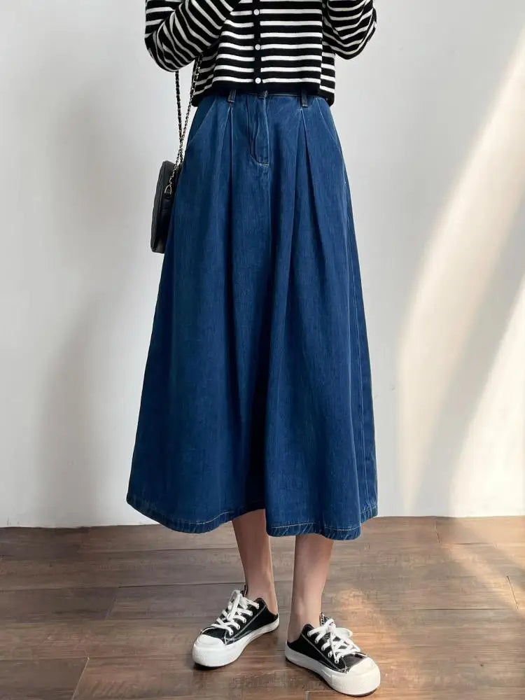 Vintage Blue High Waist Women's Elegant Slim Party Denim A-line Long Skirts Spring Summer Pleated Umbrella Skirt Female 2024 New