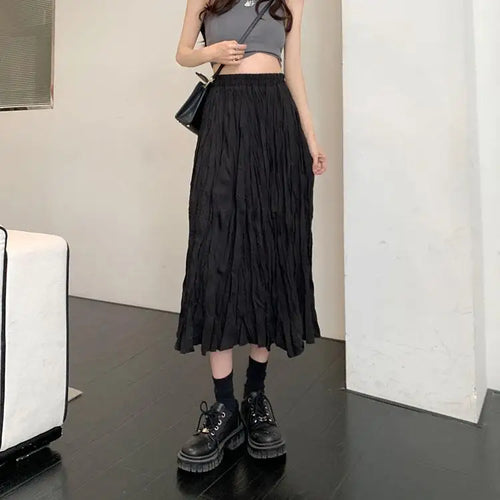 Load image into Gallery viewer, Vintage Black Elegant Elastic High Waist Long Skirts Women Streetwear Summer Fashion Korean Style Vacation White Pleated Skirt
