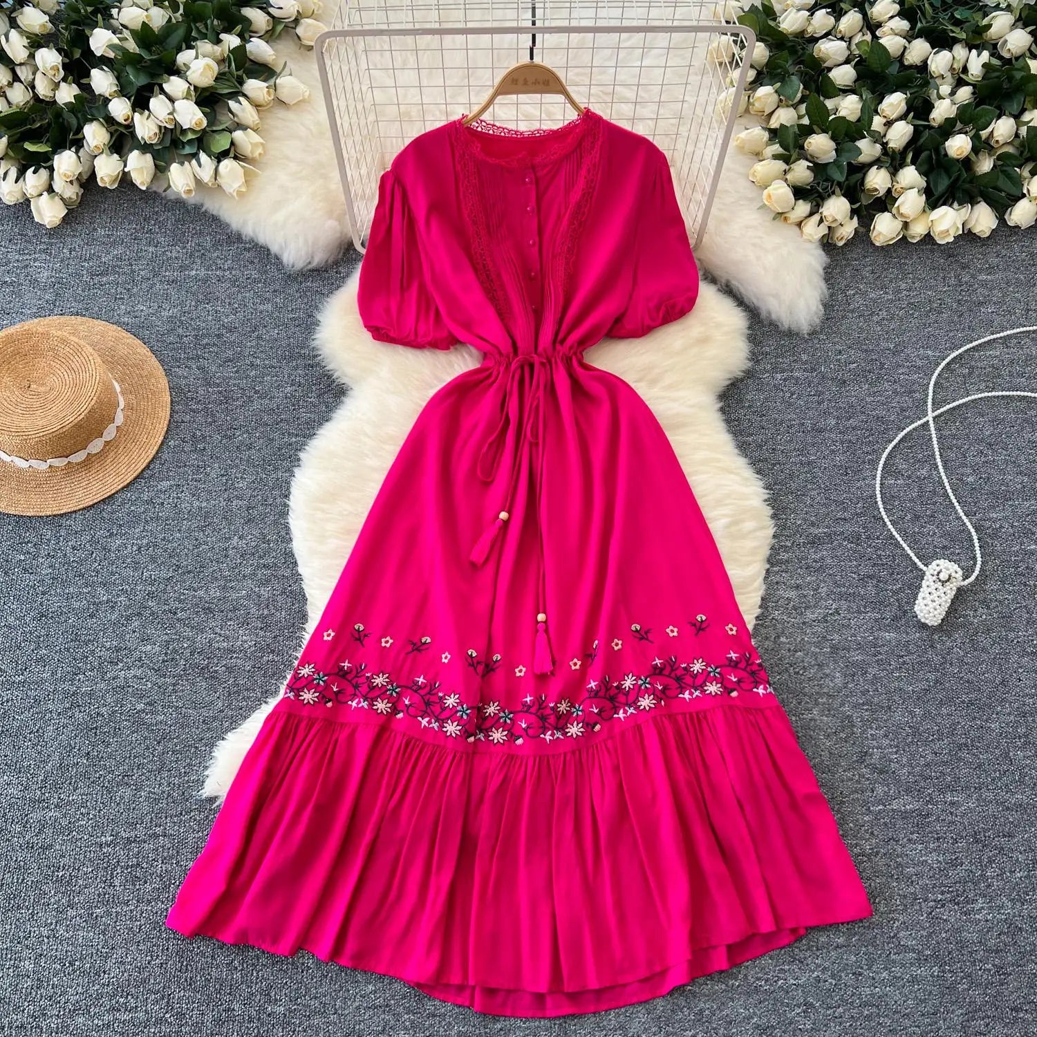 Retro 2024 Summer New Women's Round Neck Embroidered Lace Patchwork Lace Up Long Dresses Fashion Short Sleeves Button Dress Boho