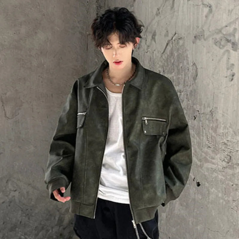 Trendy Lapel Men PU Leather Jakcets Multi-zipper Loosen Niche Design Male Lapel Casual Jacket 2024 Winter 9C9029