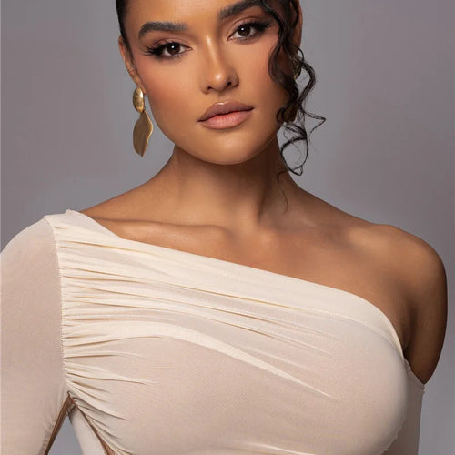 Load image into Gallery viewer, Diagonal Collar Long Sleeve Midi Dress For Women Two Layer Mesh Backless Ruched Bodycon Club Party Sexy Long Dress
