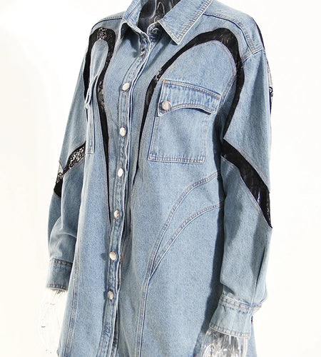 Loose Fit Blue Denim Lace Big Size Casual Jacket New Lapel Long Sleeve Women Coat Fashion Tide Spring Autumn 2025 1DH1698