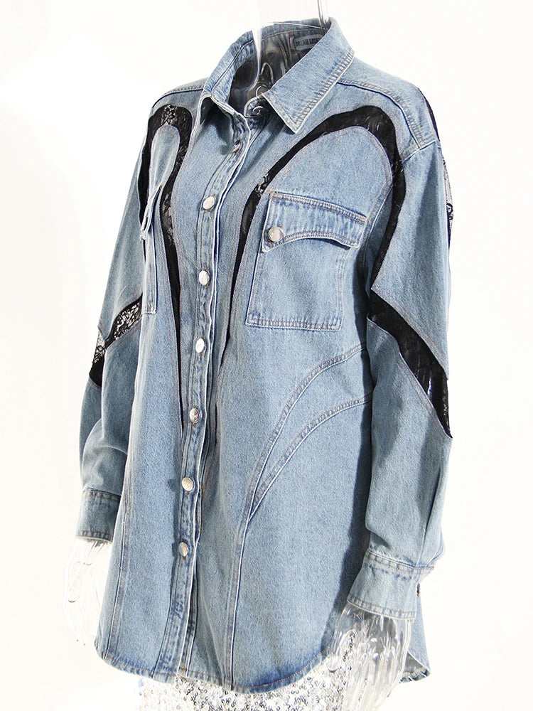 Loose Fit Blue Denim Lace Big Size Casual Jacket New Lapel Long Sleeve Women Coat Fashion Tide Spring Autumn 2025 1DH1698