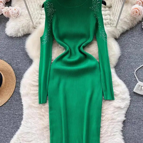 Load image into Gallery viewer, Autumn Elegant Half High Neck Long Sleeves Hollow Out Diamonds Hip Wrap Dress 2023 Fashion Slim Knitted Midi Dress French Simple
