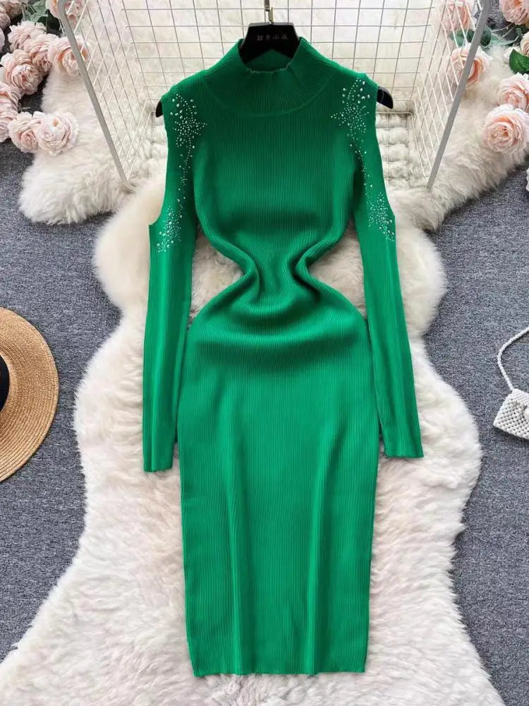 Autumn Elegant Half High Neck Long Sleeves Hollow Out Diamonds Hip Wrap Dress 2023 Fashion Slim Knitted Midi Dress French Simple