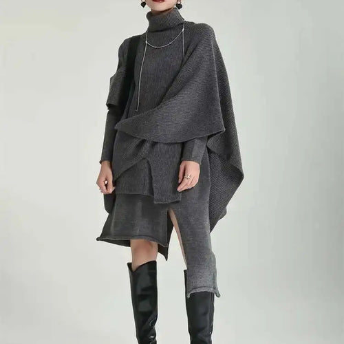 Load image into Gallery viewer, Women Gray Irregular Design Knitting Dress New Turtleneck Long Sleeve Loose Fit Fashion Tide Spring Autumn 2025 1DF2618
