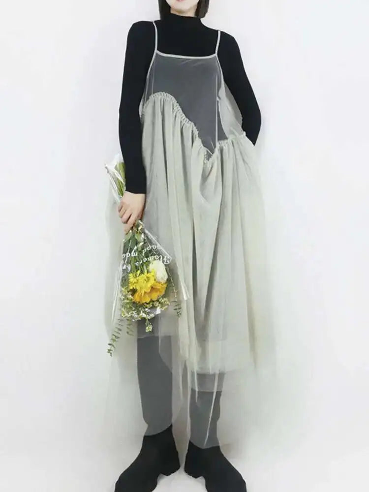 Women Green Mesh Layers Elegant Spaghetti Strap Dress New Square Collar Sleeveless Fashion Tide Spring Autumn 2025 1DJ0363