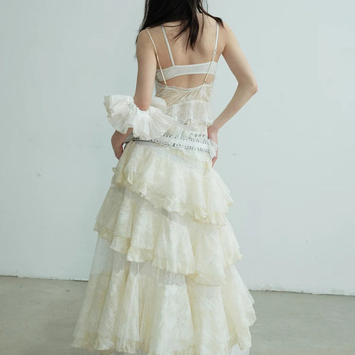 Load image into Gallery viewer, Women Beige Lace Perspective Long Spaghetti Strap Dress New V-Neck Sleeveless Fashion Tide Spring Autumn 2025 1DJ0684
