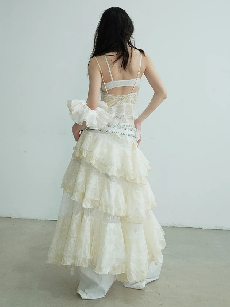 Women Beige Lace Perspective Long Spaghetti Strap Dress New V-Neck Sleeveless Fashion Tide Spring Autumn 2025 1DJ0684