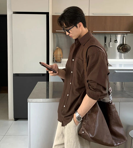 Men's Shirts Long Sleeve New Korean Style Solid Color Stylish Turn-down Collar Causal Trendy Male Loose Clothing 9W1981