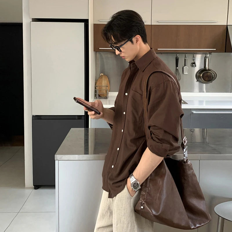 Men's Shirts Long Sleeve New Korean Style Solid Color Stylish Turn-down Collar Causal Trendy Male Loose Clothing 9W1981