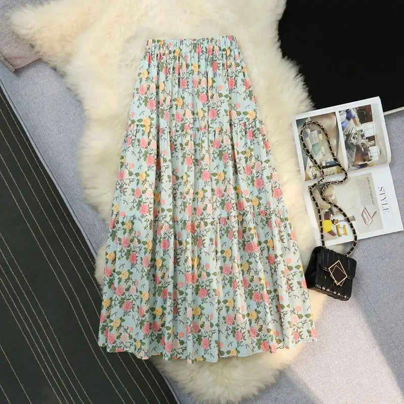 Vintage New Blue Flower Party A-line Skirt Bohemia 2024 Spring Summer Green Printing Elastic High Waist Women's Long Skirts Chic