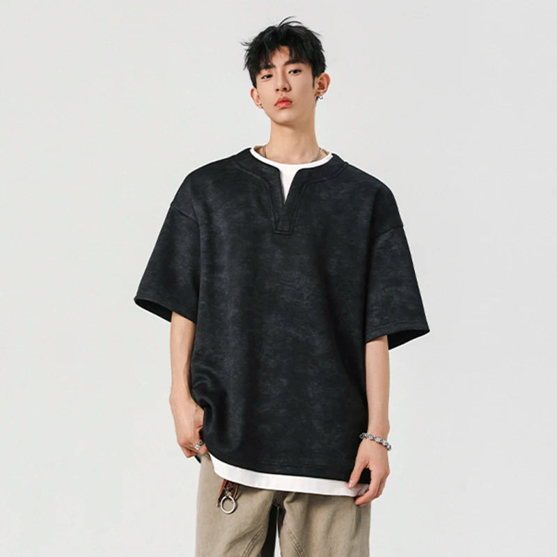 Men's T-shirt Short Sleeve New Summer Tie Dye Design V-neck Fake Two-pieces Sylish Solid Color Trendy Male Clothing 9W1934