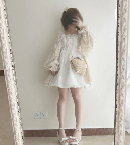 2025 Summer Y2k Aesthetic Women Cardigan Solid Sweet Lace Hollow Out Loose Knitted Harajuku Grunge Lantern Sleeve Bandage Tops