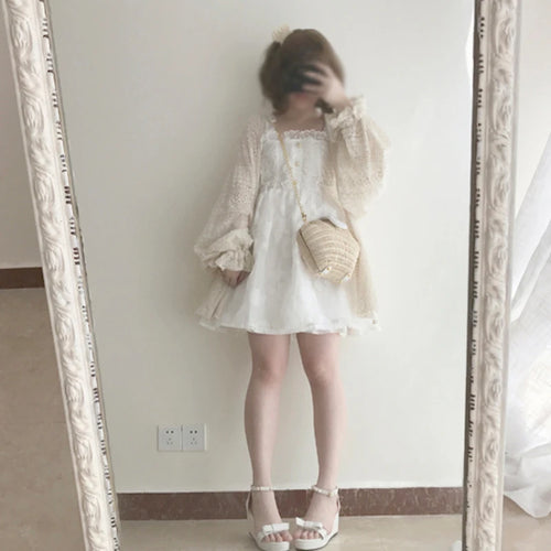 Load image into Gallery viewer, 2025 Summer Y2k Aesthetic Women Cardigan Solid Sweet Lace Hollow Out Loose Knitted Harajuku Grunge Lantern Sleeve Bandage Tops
