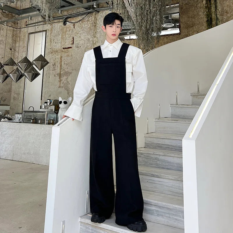 Designer Korean Fashion Woolen Jumpsuit Menwear Casual Wide Shoulder Strap Wide Leg Overalls Autumn Personality 9C2564