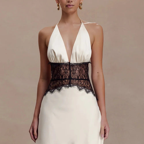 Load image into Gallery viewer, Satin Lace Patchwork Sleeveless Dress Women Elegant Halter V Neck Backless A-line Bodycon Mini Dresses Sexy Partywear
