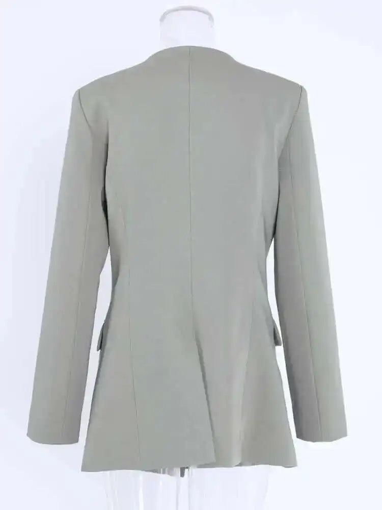 Women Gray Button Cross Hollow Out Elegant Blazer New V-neck Long Sleeve Jacket Fashion Tide Spring Autumn 2025 CPDB002