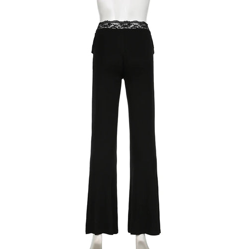 Load image into Gallery viewer, Casual Black Skinny Lace Spliced Basic Women Pants Bow Yoga Soft Gym Bow Harajuku Full Length Flared Trousers Bottoms
